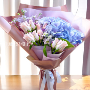 Flower Delivery Singapore 82 Blue Hydrangea and Pink Rose Bouquet