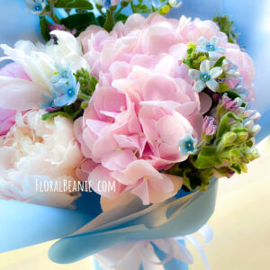Pink Hydrangea Bouquet with Mix Flowers in Blue Wrapper