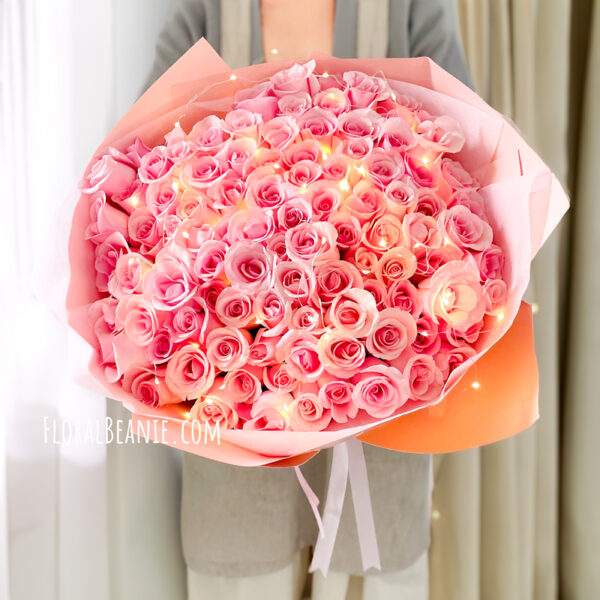 99 Pink Rose Bouquet with Warm Fairy Lights