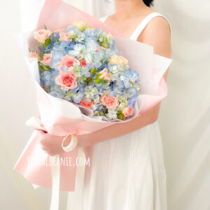 Valentine's Day Blue Hydrangea with Pink Rose Bouquet
