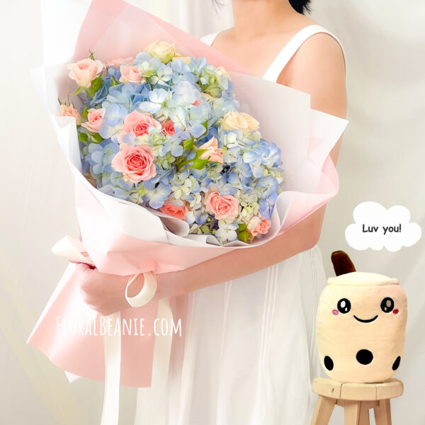 Valentine's Day Blue Hydrangea with Pink Rose Bouquet with BBT