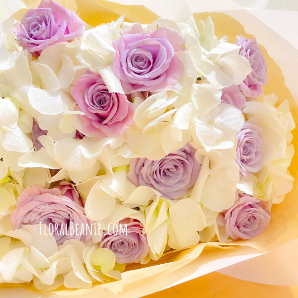 Valentine's Day White Hydrangea with Purple Rose Bouquet