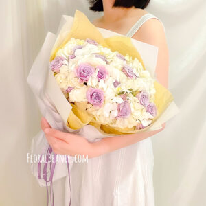 Valentine's Day White Hydrangea with Purple Rose Bouquet