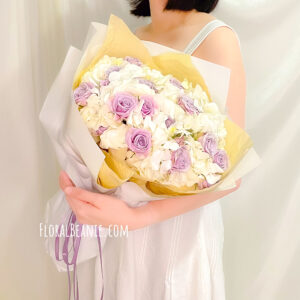 Flower Delivery Singapore 70 Valentine's Day White Hydrangea with Purple Rose Bouquet