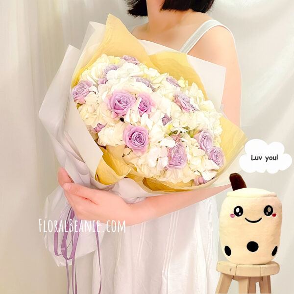 Valentine's Day White Hydrangea with Purple Rose Bouquet with BBT