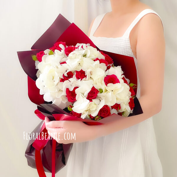 Valentine's Day White Hydrangea with Red Rose Bouquet